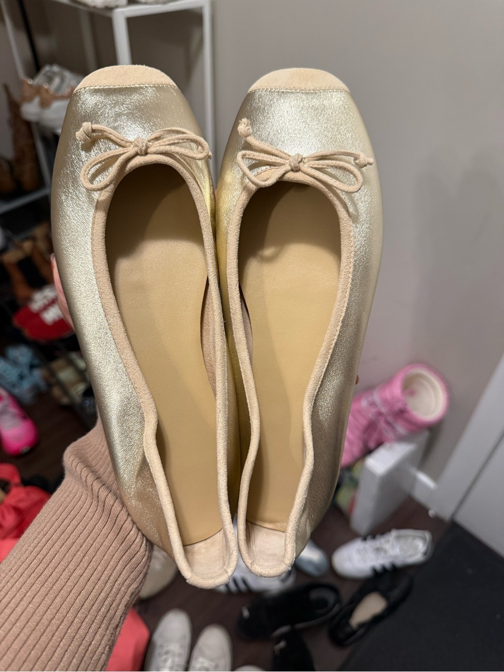 Metallic Gold Ballet Flats with Bow - Women